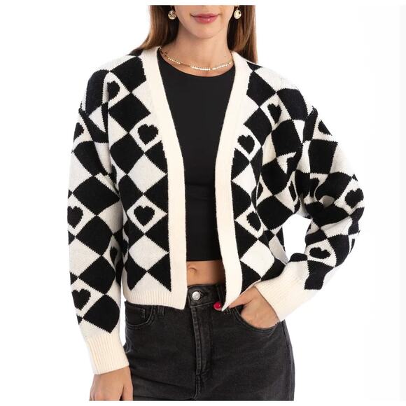 Saachi Checkered Hearts Cardigan Cropped Black White Open Front ONE SIZE - Picture 1 of 5